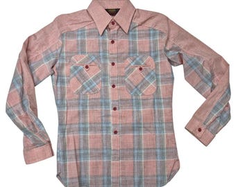 VTG 1980s NWT Wrangler Wrapid Transit Pink Plaid Button Down S USA Made