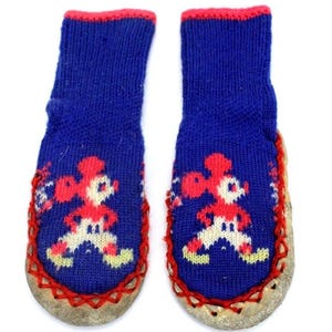 Sällsynta vintage Musse Pigg-socktofflor från 1950-talet, storlek 5, barn, ullstickade lädersulor bild 2