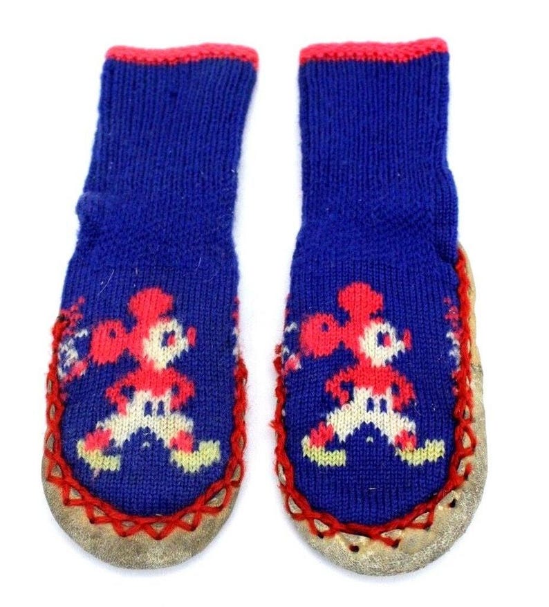 Sällsynta vintage Musse Pigg-socktofflor från 1950-talet, storlek 5, barn, ullstickade lädersulor bild 2