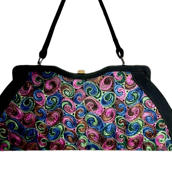 VTG Atomic 1950s Pretty Black Handbag colorful Embroidered Swirls