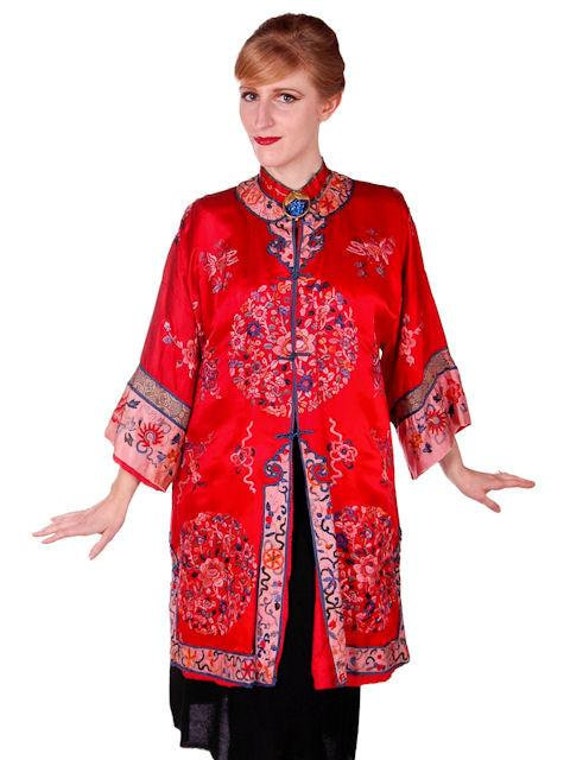 Antique Victorian Chinese Robe Coat Red Silk Embr… - image 1