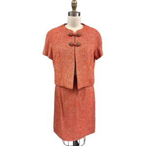 VTG 1960s Adele Simpson Orange Tweed Boucle Wool Skirt Suit Sz S Secretary Cocktail Minimalist