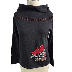 Vintage 1990s Tiara International Christmas Cardinal Bird Sweater - Black - M/L
