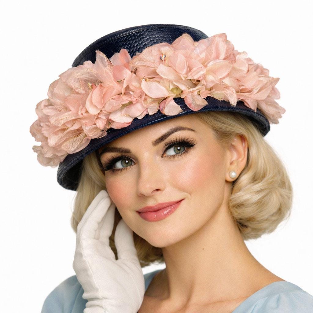 VTG 1950s Norman Durand Floral Straw Bucket Hat Pink Organza  display picture 2