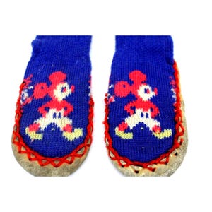 Sällsynta vintage Musse Pigg-socktofflor från 1950-talet, storlek 5, barn, ullstickade lädersulor bild 3