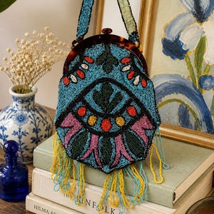 Borsa con perline Art Déco vintage degli anni '20, con montatura in tartaruga, stile flapper Gatsby