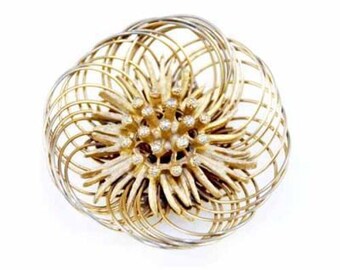 1960s Gold Brooch / Vintage Rhinestone Wire Pin / Sparkly Vintage Brooch / 60s Sparkly Gold Flower Brooch