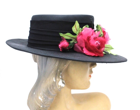 Vintage 1940s 'Louis' Original Black Straw Hat wi… - image 6