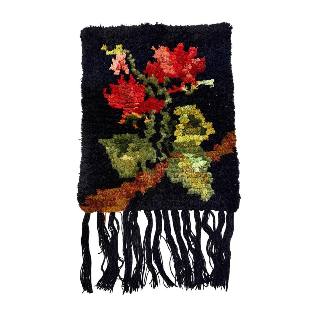VTG 1970s Chenille Hooked Rug Wall Hanging Black Floral Poppy Fiber Art ...