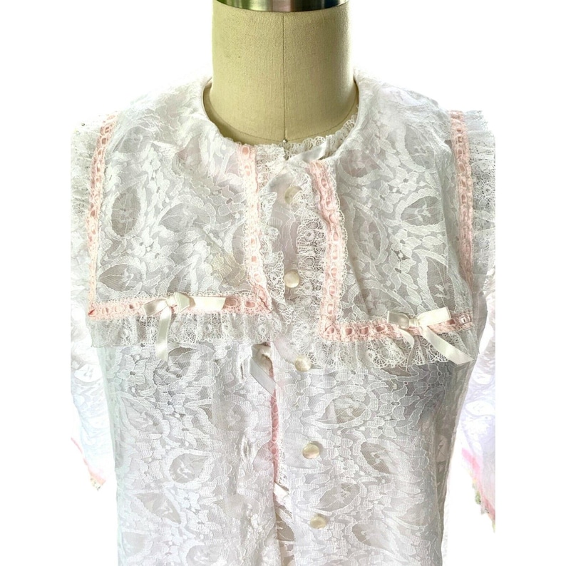 VTG 1960s Perri Ann Peignoir Set White Lace Bridal Nylon M L Romantic M/L image 10