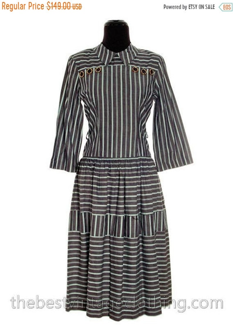 Sale VTG 1940s Day Dress Cotton Gray Seafoam Green Stripes Bows S M Guernsey Pie
