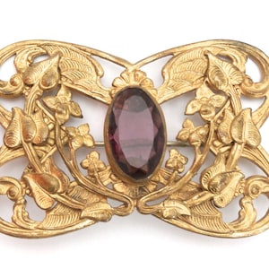 Wunderschöne Antike Jugendstil Brosche Vergoldet Große Lila Amethyst Stein Herzförmige Blätter