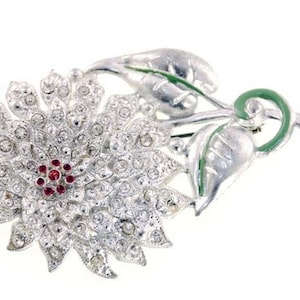 1920s Flower Brooch / Vintage Rhinestone Pin / 20s Sunflower Brooch with Rhinestones and Enamel