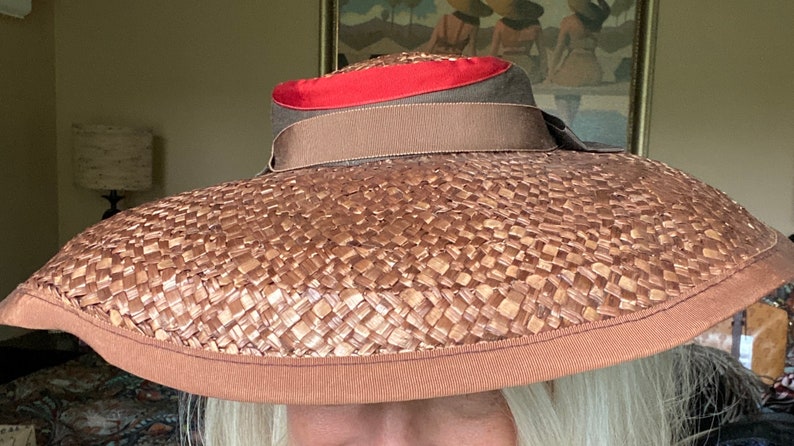 Vintage Wide Brimmed Straw Hat 1940s Brown New York Creation WW2 Guernsey Pie image 8