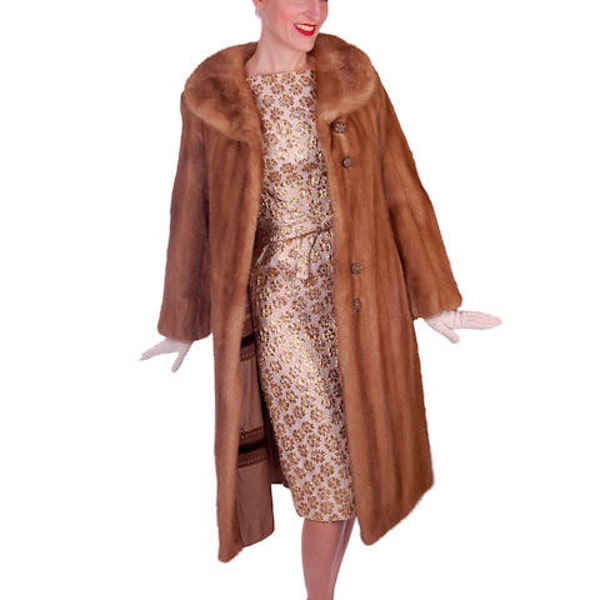 Luxurious Vintage Mink Coat / Beige 1950s Fur Coat in Autumn Haze Color with Rhinestone Studded Buttons, 50s