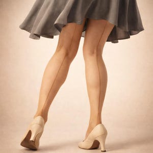 May include: A pair of beige high-heeled shoes with a rounded toe. The legs are wearing seamed stockings. A gray skirt is visible above the legs. The background is a solid, light beige color.