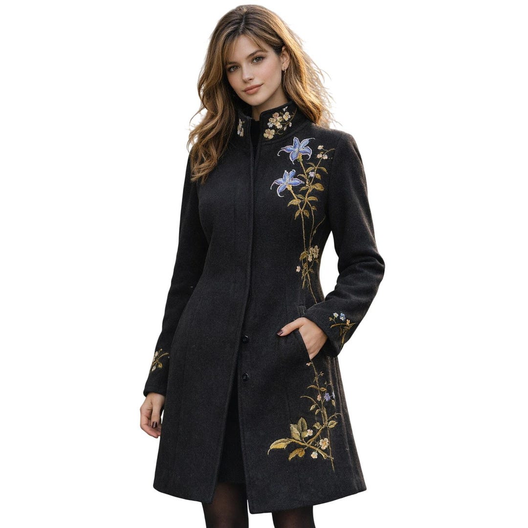 VTG 90s XOXO Embroidered Wool Blend Coat Botanical Fairycore Noir