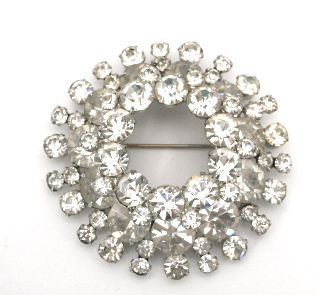Broche Vintage Ronde Avec Strass Multicolore Années 1950 - Occasion, Métaux Mixtes