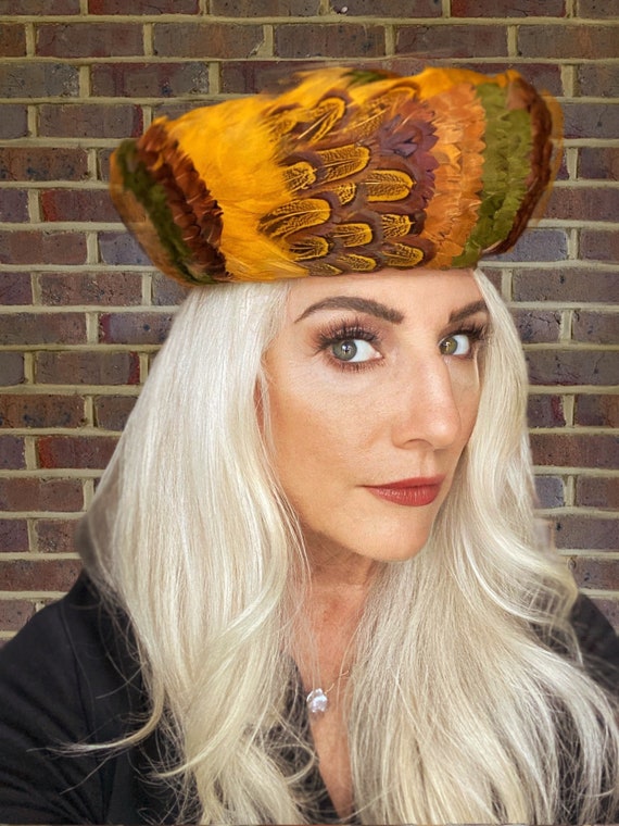 Vintage Womens Feather Pheasant Hat Stunning Gold… - image 3