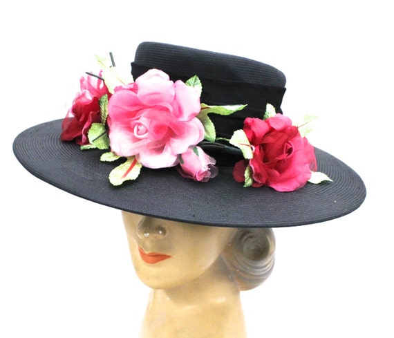 Vintage 1940s 'Louis' Original Black Straw Hat wi… - image 3