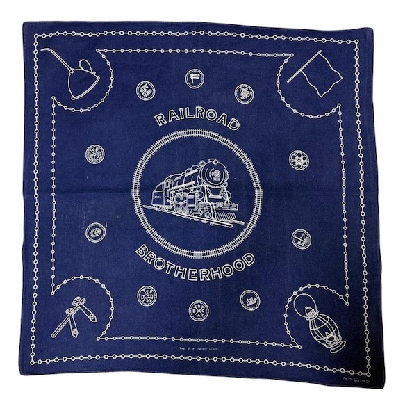40's RAILROAD BROTHERHOOD BANDANA バンダナ Vtg 1930s Union Railroad Brotherhood Trunk Down Indigo Blue