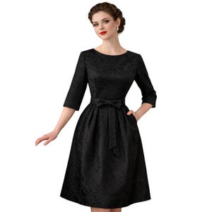 VTG 1950s Black Brocade Cocktail Dress Aure Hourglass Mad Men Elegance M