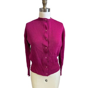 1940s Womens Vintage Wool Sweater Fuchsia Pink Wide Ribbed Knit Waistband L