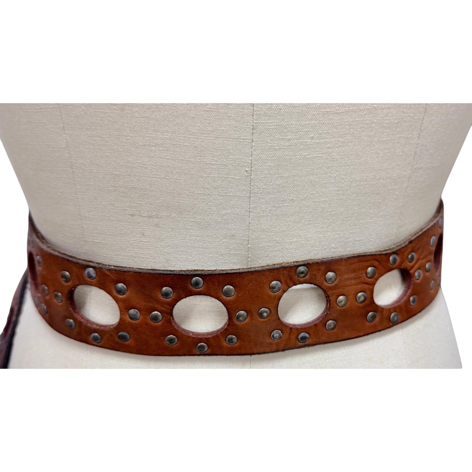 VTG Y2K Brown Leather Grommet Circle Stud Belt Boho Festival 