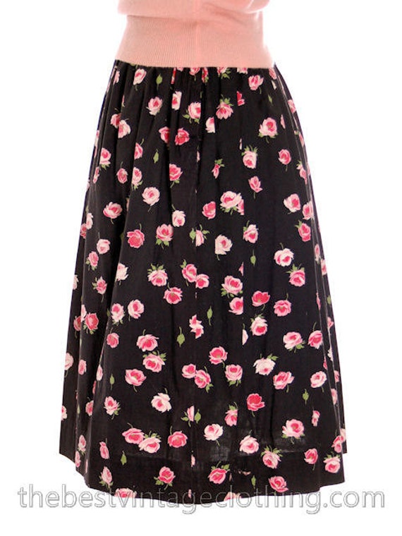 Sweet Vintage 1940s Cotton Skirt Pink Roses Print… - image 3