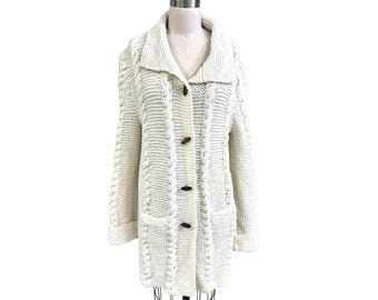 Vintage 70s Hand Knit Cardigan Coatigan Acrylic Cable Sweater L XL