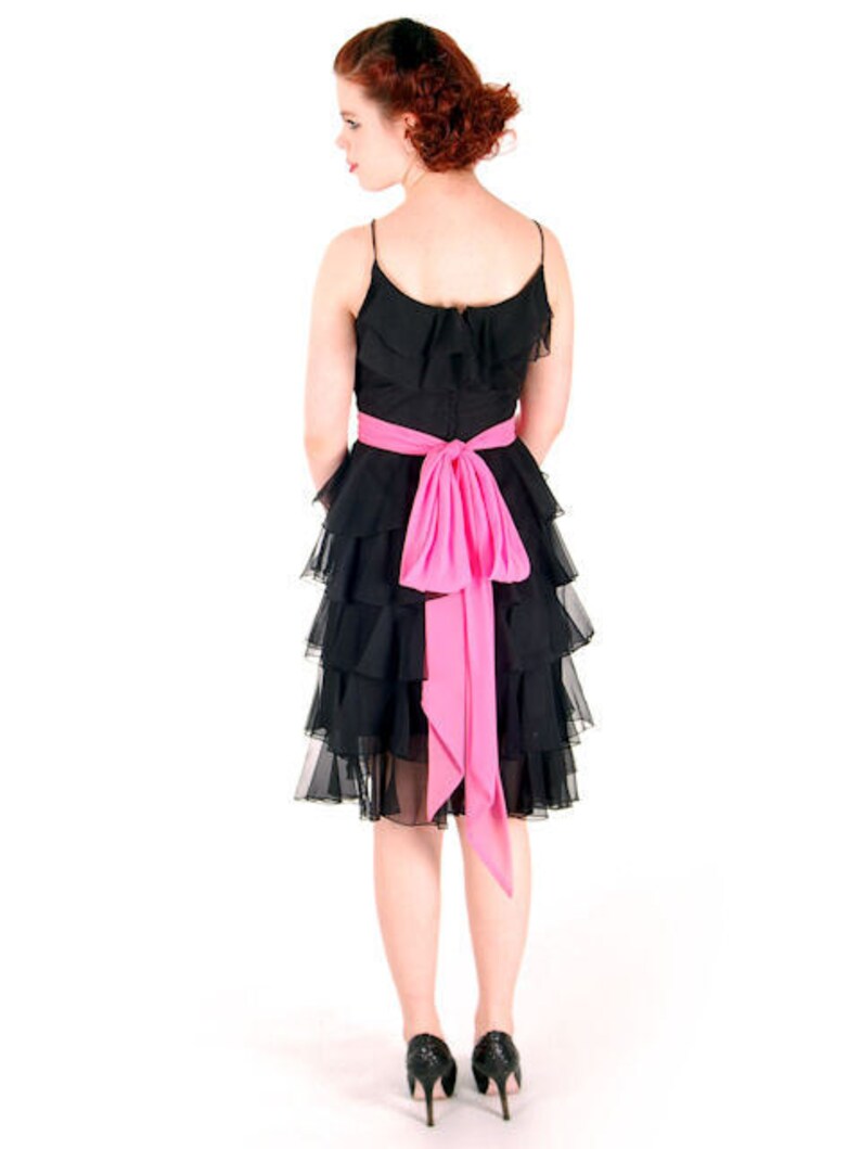 Perfectly Sweet 16 1960s Cocktail Dress / Black Vintage Dress Chiffon with Ruffles Small LBD image 4