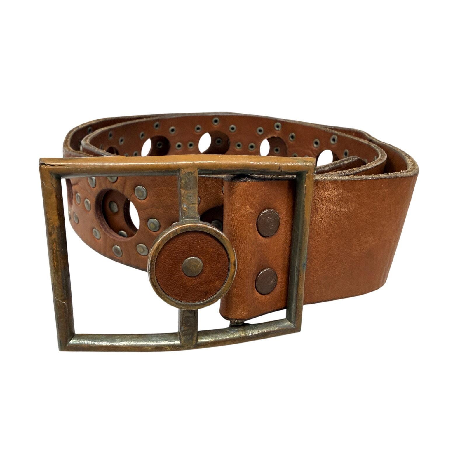 Vintage Black Brown Leather Grommet Belt Wide Boho Y2K Statement Belt VTG Y2K Brown Leather Grommet Circle Stud Belt Boho Festival  main image 3
