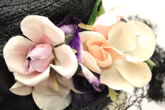 Vintage Fascinator Doll Hat Black Straw & Flowers… - image 5