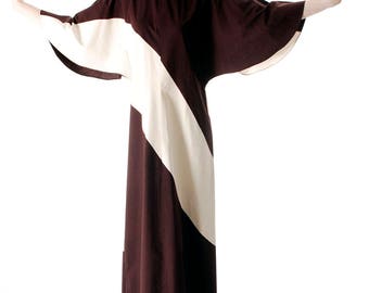 Vintage 70s Vuokko Designer Cotton Tent Dress: Brown & Ivory Diagonal Stripe, Angel Sleeve