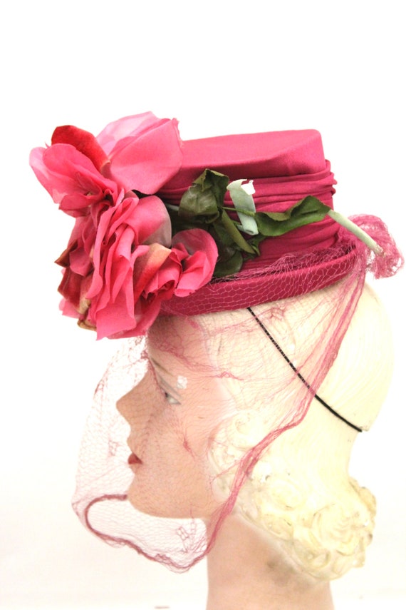 Vintage Fascinator Veiled Doll Hat Hot Pink Huge … - image 5