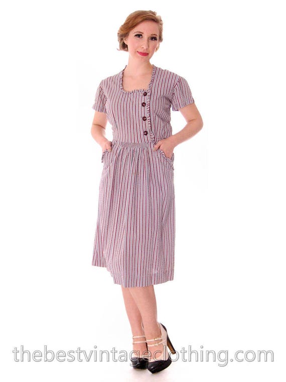 Early 1940s VTG House Dress Blue Red Striped Seers