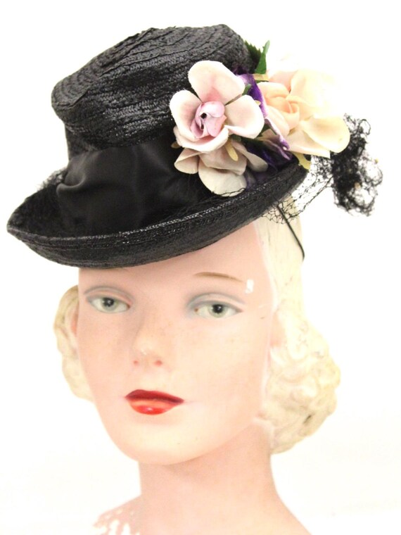 Vintage Fascinator Black Women\'s Hat Straw with Netting Buy Black Vintage Inspired 1950s-1960s Half Hat for Bridal  main image 3
