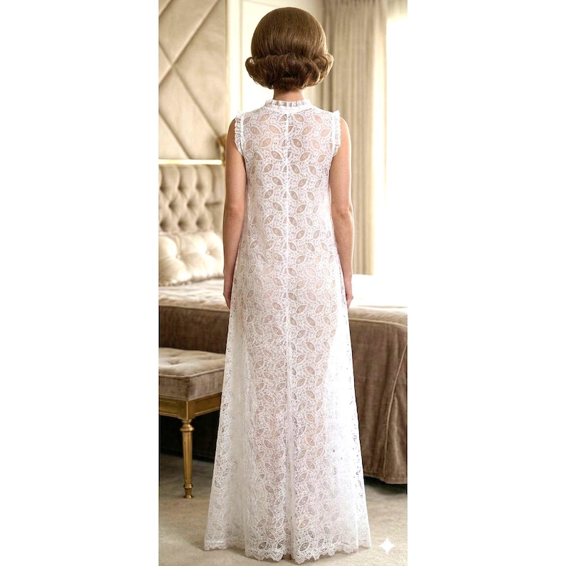 VTG 1960s Perri Ann Peignoir Set White Lace Bridal Nylon M L Romantic M/L image 4