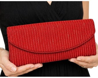 Bolso de mano Josef rojo con cuentas y estampado de espiga, estilo Mod Glam, de los años 60, nuevo con etiquetas.