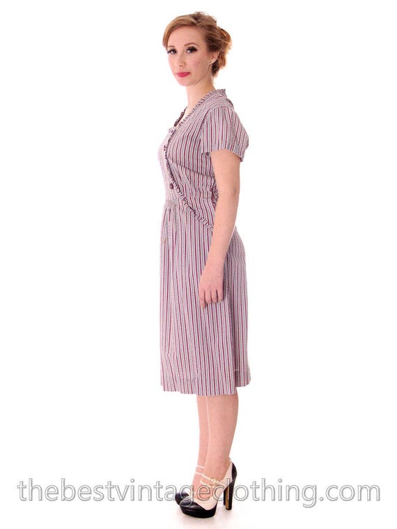 Early 1940s VTG House Dress Blue Red Striped Seer… - image 2