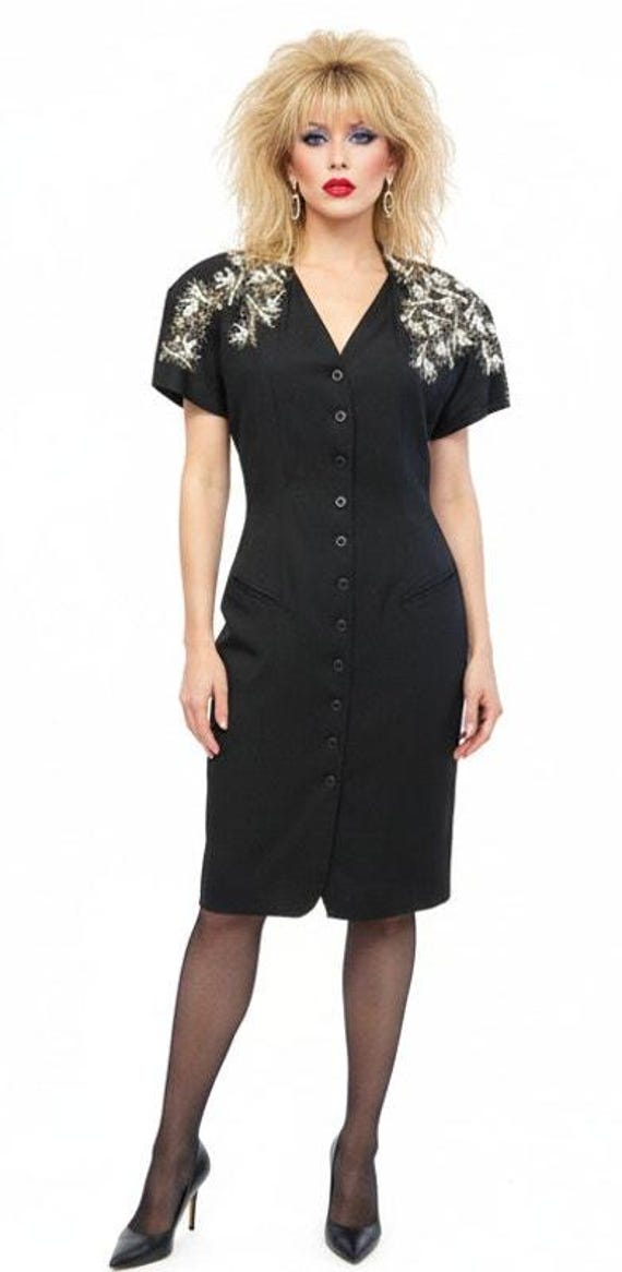 Vtg 1980s Tahari Halla Kutee Block Prints Wiggle Dress Black Gold White M/L 12