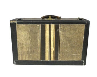 VTG 1940s Tweed Suitcase Striped Hardside Luggage Display Prop 21”