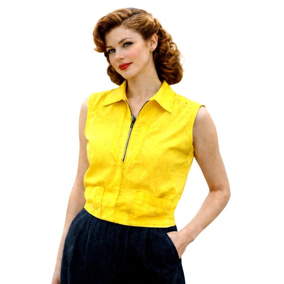 VTG Late 1940s Yellow Cotton Sleeveless Zip Top SFS Metal Zipper Utility Style
