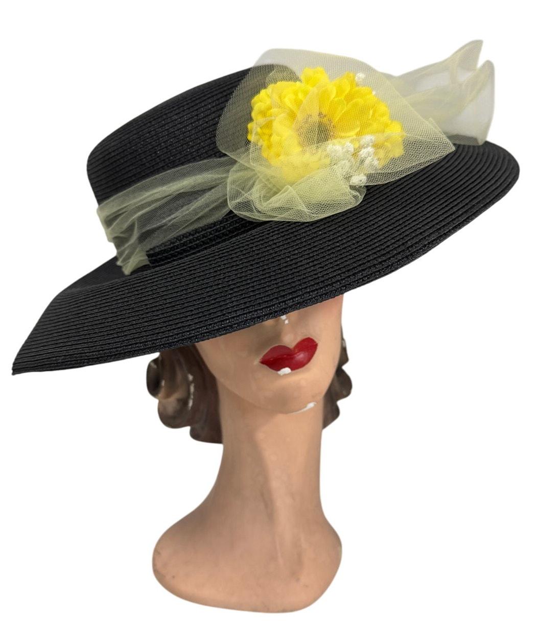 Eric Javits Wide Brim Hat Black Straw Yellow Flowers + 16