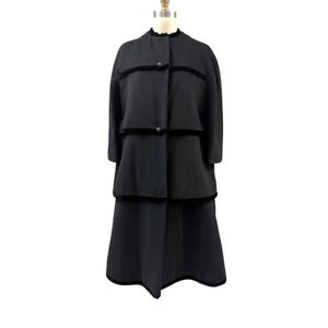 RARE Lilli Ann Paris 1950s Black Wool Trapeze Coat Velvet Lined Tiers M/L Retro