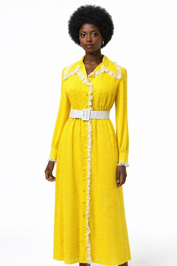 VTG 1970s Mollie Parnis Boutique Yellow Eyelet Maxi Dress Lace Collar M VTG 1970s Mollie Parnis Boutique Yellow Eyelet Maxi Dress Lace Collar M