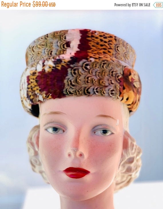 On Sale Gorgeous Vintage Pheasant Feather Pillbox