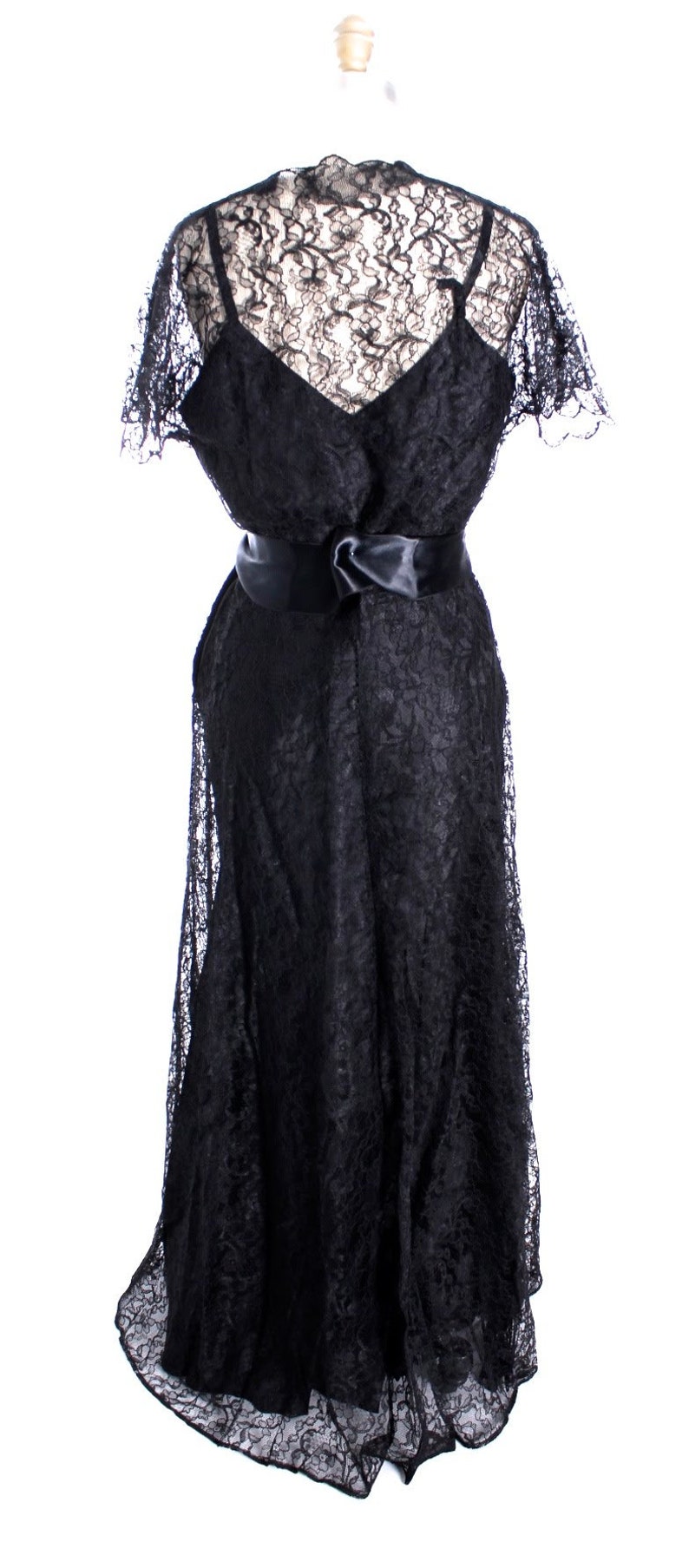 VTG 1940s Lace Gown Black Full Length Dress Slip Wearable 40-32-44 image 6