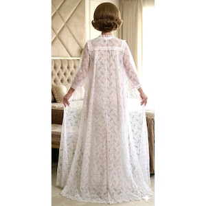 VTG 1960s Perri Ann Peignoir Set White Lace Bridal Nylon M L Romantic M/L image 3