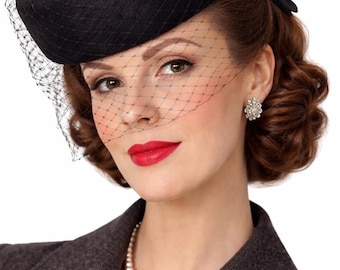 VTG 1940s Black Fascinator Veil Hat Floral Back WWII Noir Glam